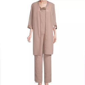 Le Bos Modern Three Piece Outfit Sequin Kimono Tank Top Pants Mocha Size 10 NWT